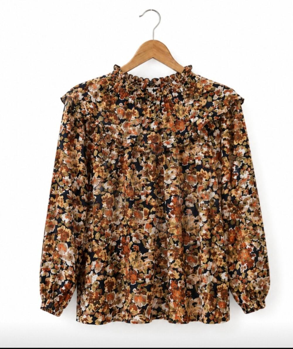 THML Black Multi Floral Ruffle Yoke Smocked Neck Blouse